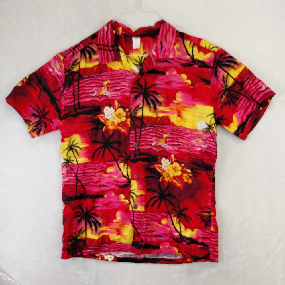 Palmwave Hawaii Mens XL Red Tropical Sunset Surfer Cotton Aloha Shirt C90-A066
